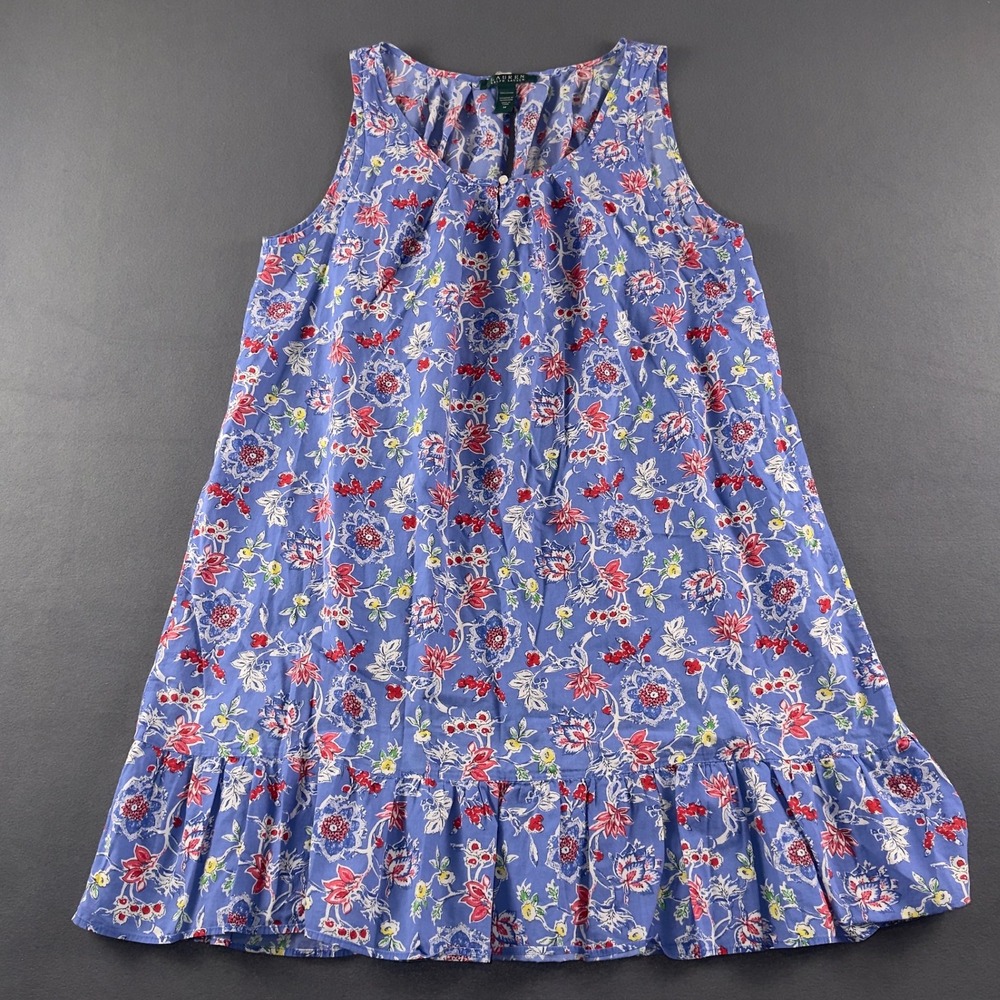 Lauren Ralph Lauren Blue Floral Cotton Ruffle Hem Sleeveless Shift Dress Medium